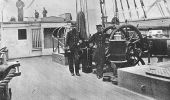 Rear Adm. David G. Farragut (right), commander of the West Gulf Blockading Squadron, stands with Capt. Percival Drayton at the wheel of the squadron flagship, the USS Hartford, in Mobile Bay, Alabama, 1864. (Naval Historical Center)
